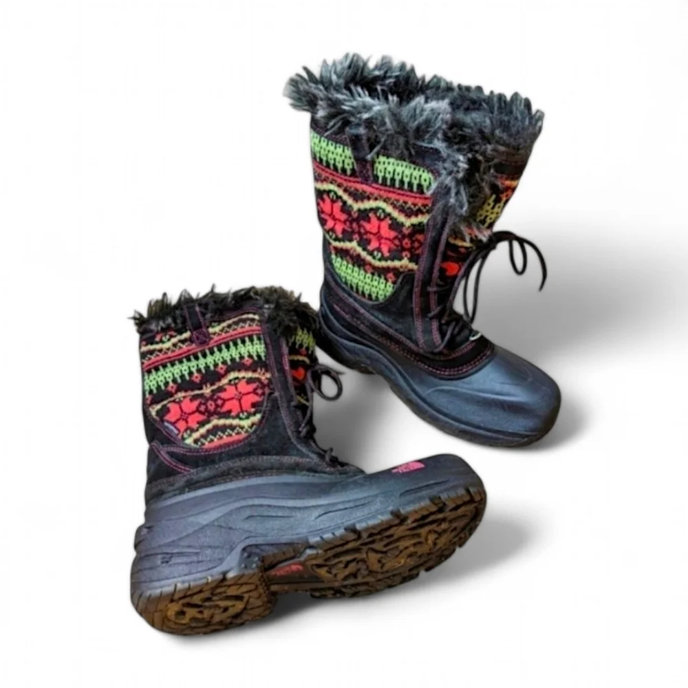 North Face Y2K Fair Isle BRAT Girls Lace Up Shellista‎ Faux Fur Snow Boots 7